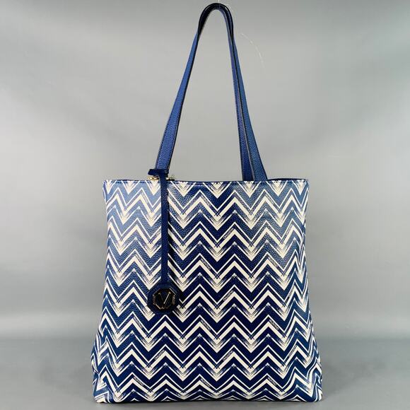 MARIO VALENTINO Blue White Reversible Chevron Pebble Grain Leather Tote Handbag - Picture 2 of 10